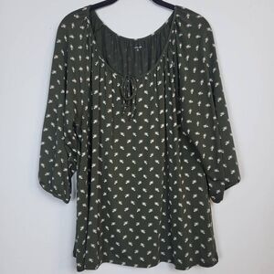 Garnet Hill Womens Size Large Blouse Green Floral Peasant Slouchy Jersey Knit